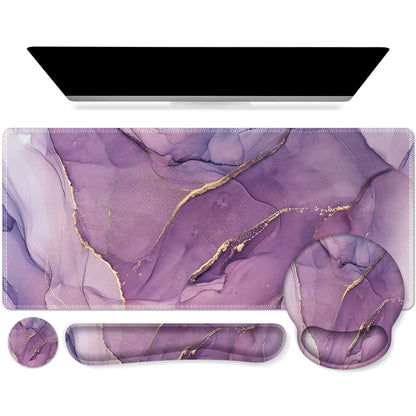 iCasso Purple Ergonomic Gaming Mouse Pad with Wrist Support, 4in1 XXL Large Desk Mat - Keyboard Wrist Rest + Mouse Wrist Rest + Coaster, Marble Style Desk Pad Mousepad