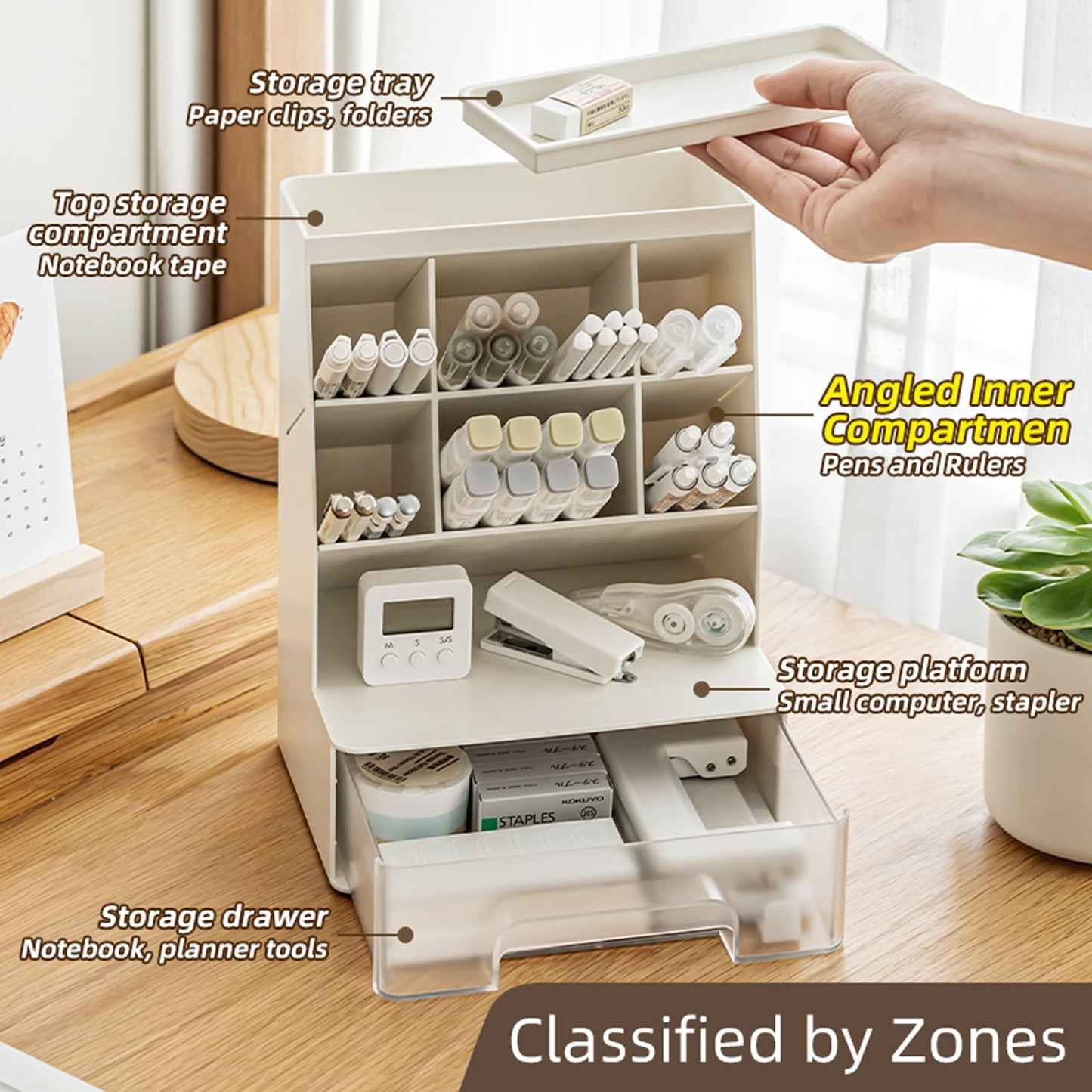 TNDCKP Large Plastic Pen holder with drawer and Vertical 6-Compartment, Dual-Purpose Art Supply Pencil Cup for Office, School, Home (WHITE)