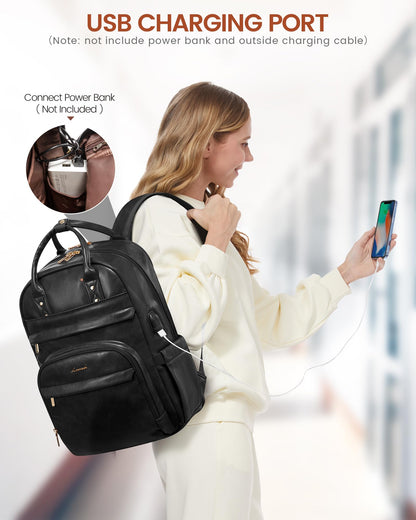LOVEVOOK Vintage PU Leather 15.6 inch Women's Laptop Backpack, Black, 25L, Water Resistant, USB Charging Port