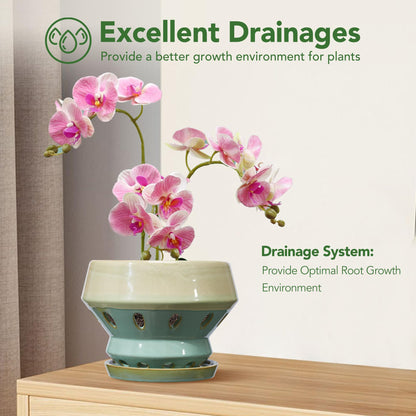 Gepege 6.5 Inch Orchid Pots with Holes for Indoor Plants, Plant Pots with Drainage Hole, Ceramic Planter with Saucers, Indoors Flower Pots