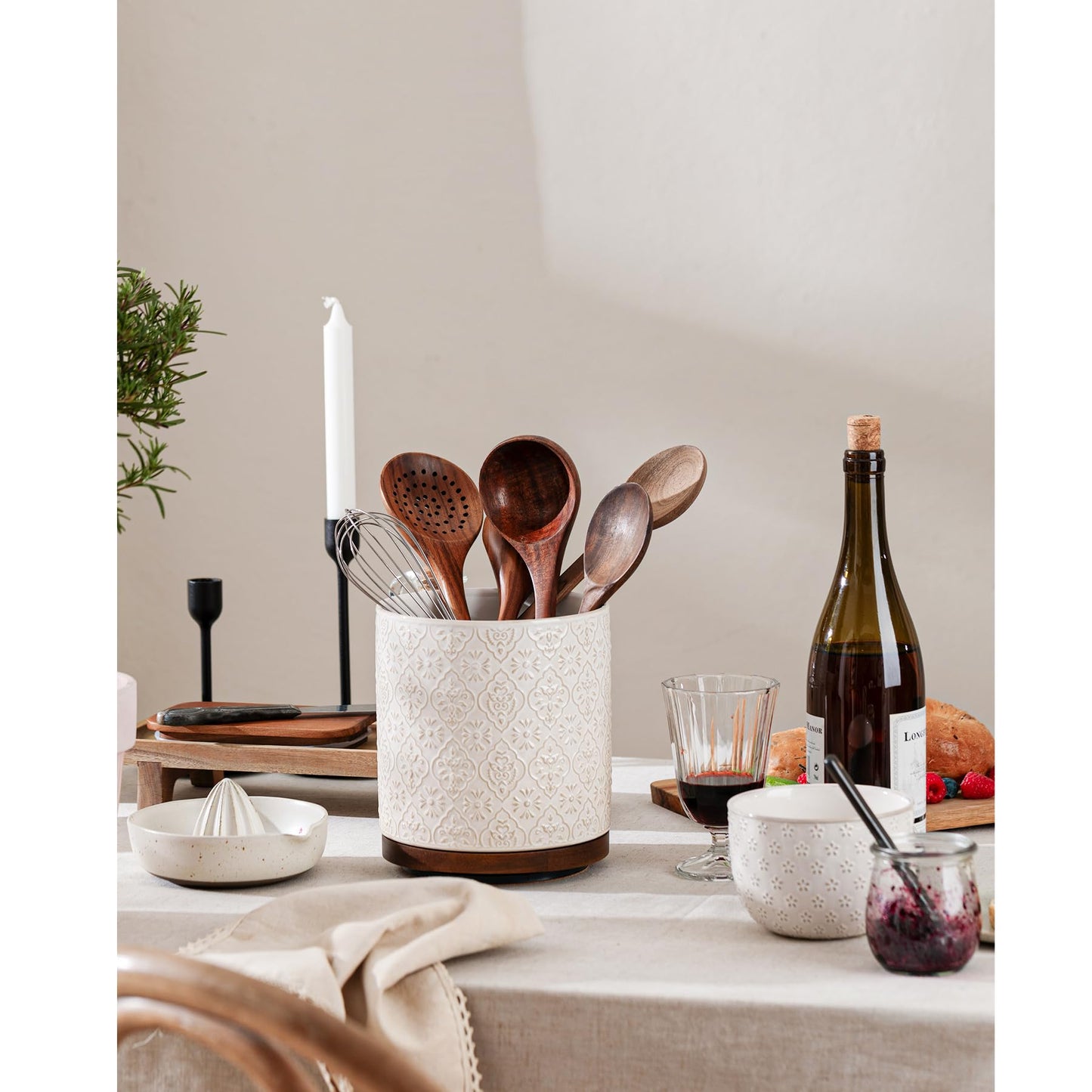 MIKIGEY Kitchen Utensil Holder, 360° Rotating Extra Large Ceramic Utensil Holder with Embossed Pattern, 7.3” Cooking Utensil Crocks for Kitchen Countertop, Home Decor, Off-White
