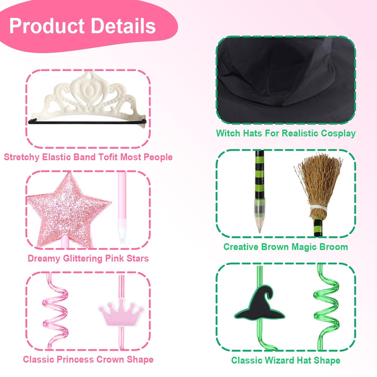 36PCS Witch Party Decorations Pink and Green Party Decorations Princess and Witch Party Favors Include Witch Hats Crowns Star Pens Broom Pencils Drinking Straws Wizard Hats for Witch Birthday Decor