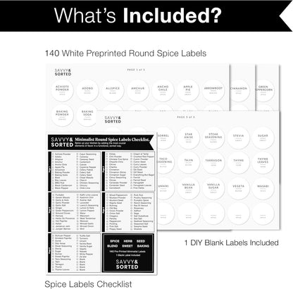 Round Spice Labels Stickers for Glass Jars - 140 Preprinted Waterproof Spice Jar Labels Stickers for Top of Lids, Seasoning Labels Only, Kitchen Pantry Organization