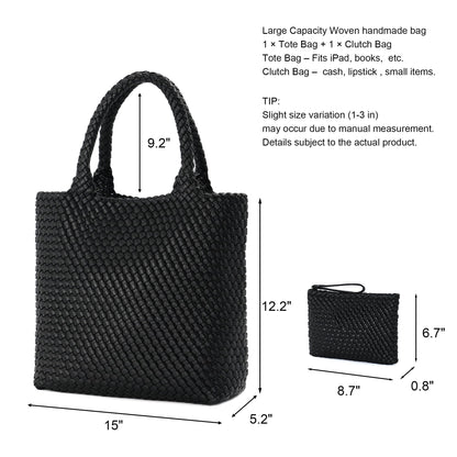 BAGOK Woven Tote Bag for Women, Handwoven Vegan Leather Shoulder Bag with Zipper Clutch, Large Tote Purse for Work, Travel, Beach & Weekend Getaway