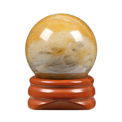 Justinstones Natural Polished Yellow Jade Sphere with Red Jasper Stand – Handcrafted Gemstone 30mm Ball for Energy Healing, Meditation, and Home Décor