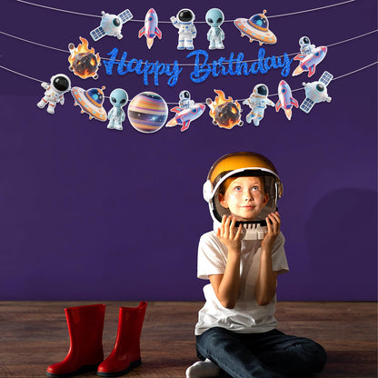 Outer Space Party Banners 3Pcs Happy Birthday Blue Astronaut Ship Garland Banners for Boy Girls Solar System Theme Baby Shower Birthday Party Supplies