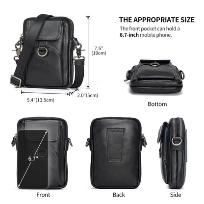 Augus Genuine Leather Small Crossbody Bag Cell Phone Messenger Purse Shoulder Handbag for Daily Use for Women and Men (Black-1)