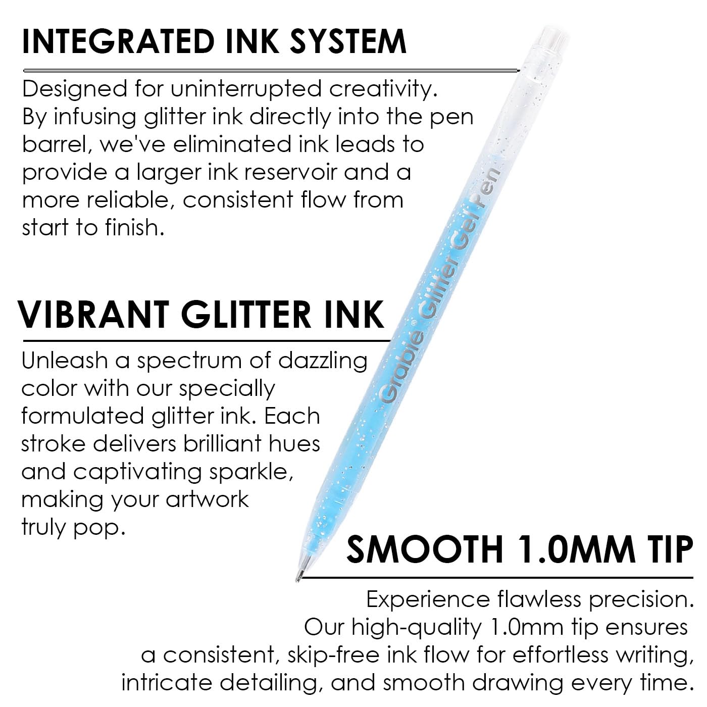 Grabie Set of 42 Glitter Gel Pens Set, Silver Sparkle Ink, 1.0mm Fine Tip Gel Pens for Adult Coloring Books, Journaling, Drawing, Scrapbooking, Smooth Writing Art Supplies