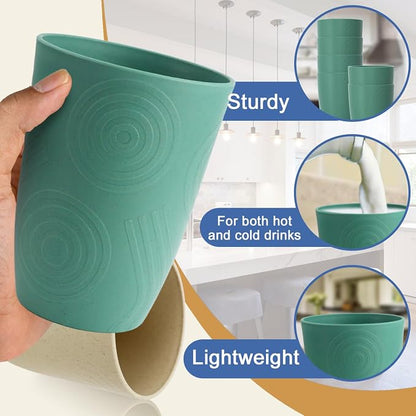 Drinking Cups Set Wheat Straw Cups 16 OZ - Reusable Water Cups Plastic Drinking Glasses 6 PCS Dishwasher Safe Cup Unbreakable Kitchen Cup for Camping, Outdoor Activities -Green