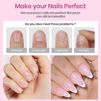Beetles Gel Nail Kit Short Almond with Nail Dehydrator and Primer, 576Pcs Half Matte Etch-X Gel Nail Tips Solid Nail Glue Mini Nail Lamp Acrylic Nail Tips Easy DIY Nail Extension Set Gift for Women