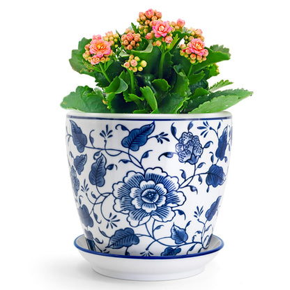 HakkaGirl 8 inch Ceramic Planters for Indoor Plants, Chinoiserie Decor Ceramic Pots for Plants Flower Plant Pots Indoor with Drainage and Saucer, Blue and White