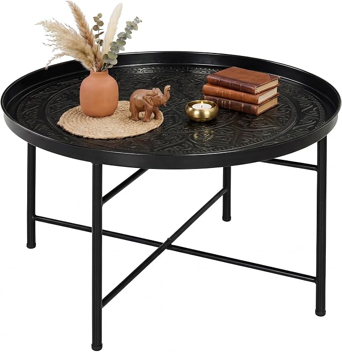 HOMCOM 24" Round Coffee Table with Hammered Tray Top, Vintage Metal Center Table for Living Room, Bedroom, Side Table, Black