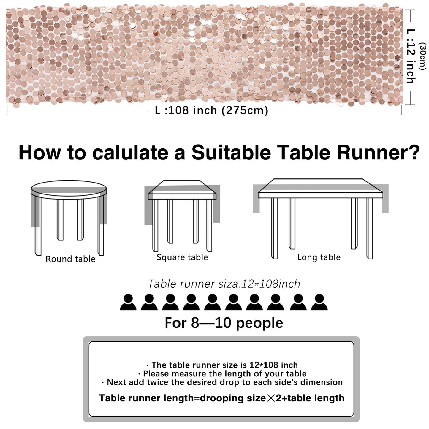 Yblut 12 x 108 Inch Rose Gold Sequin Table Runner Glitter Rectangle Big Sequin Table Runner for Wedding Party Birthday Christmas Halloween Decoration (1 Pack)