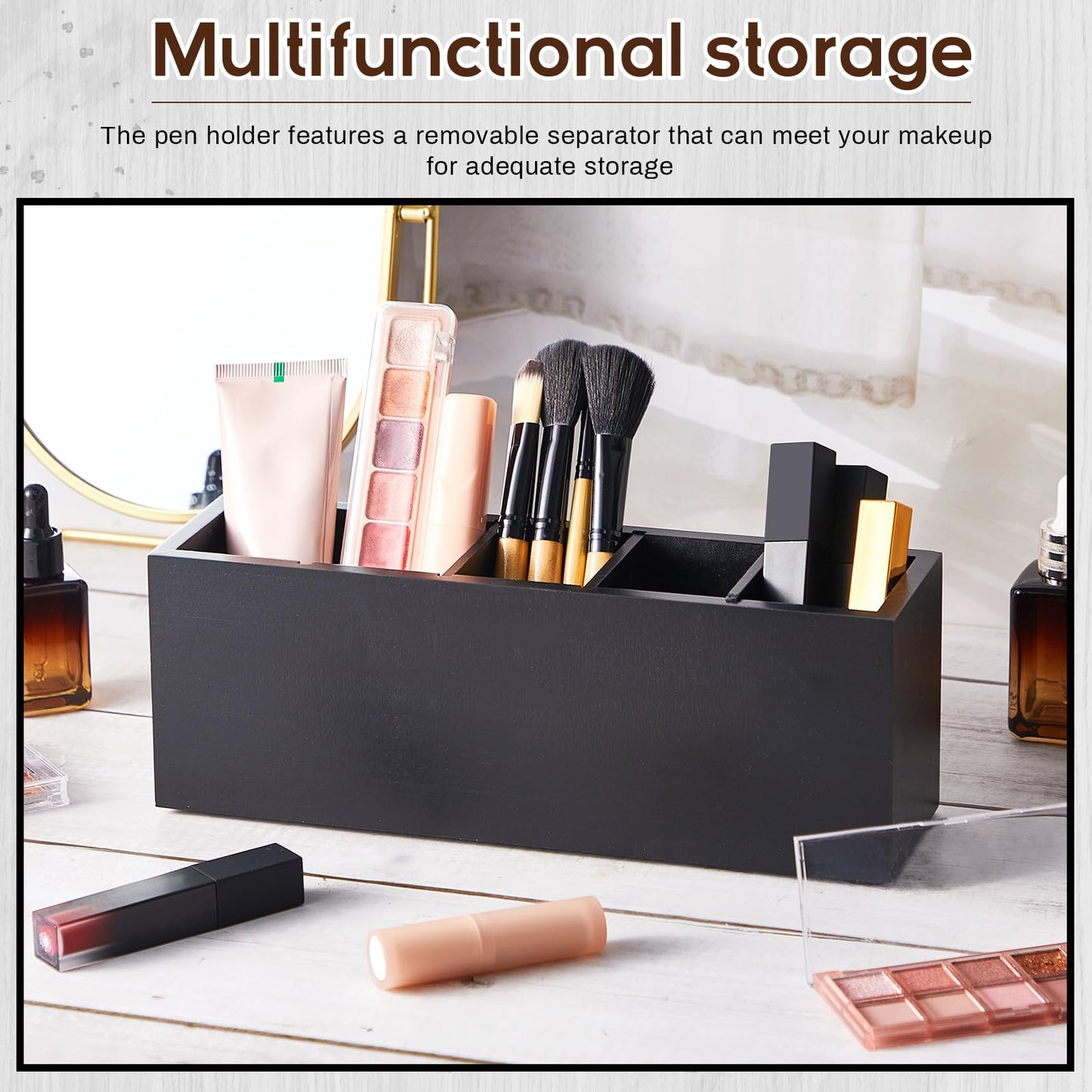 Jetec Wooden Pencil Pen Holder for Desk 5 Compartments Cosmetic Makeup Brush Stationery Office Desktop Organizers for Countertop Adjustable Silverware Caddy for Party, Art Supplies,Home decor(Black)