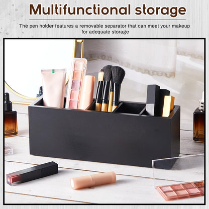 Jetec Wooden Pencil Pen Holder for Desk 5 Compartments Cosmetic Makeup Brush Stationery Office Desktop Organizers for Countertop Adjustable Silverware Caddy for Party, Art Supplies,Home decor(Black)