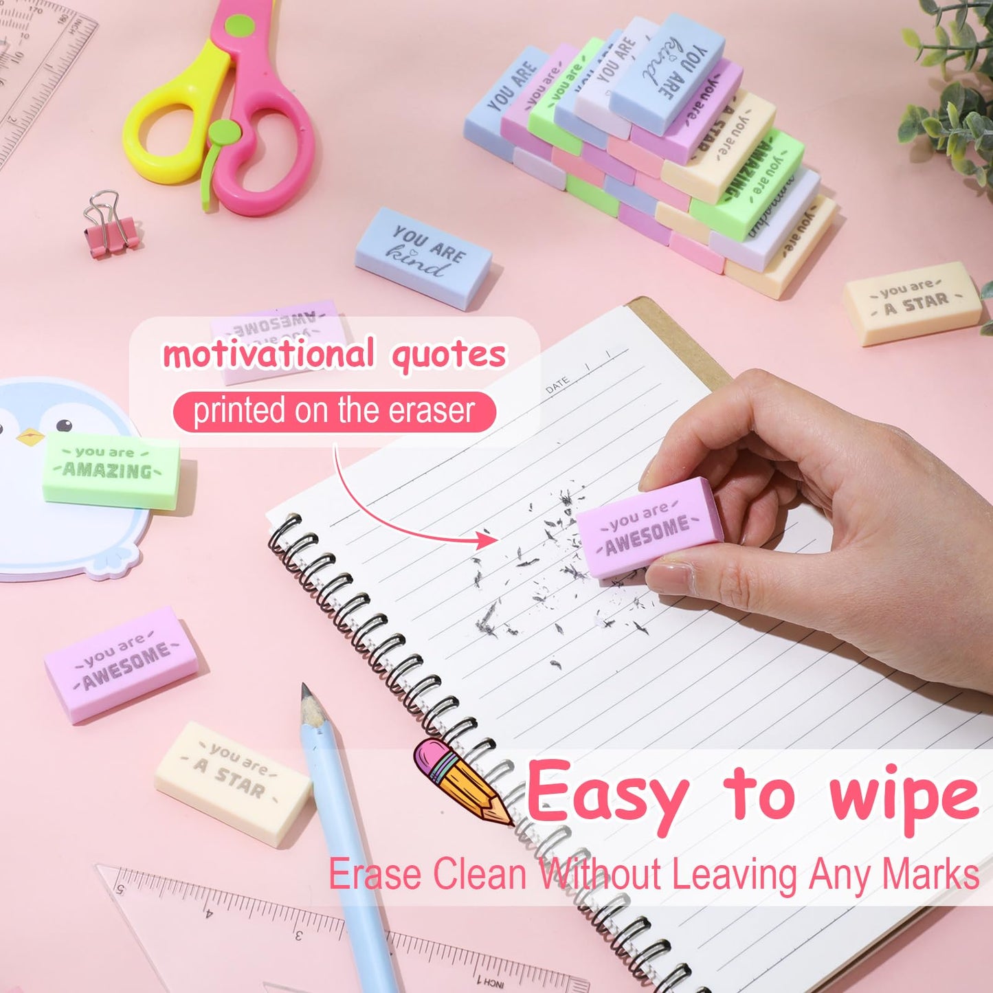 Resurhang 180 Pcs Erasers Bulk for Kids Inspirational Pencil Erasers Bulk for Drawing Motivational Big Eraser School Supplies for Classrooms Back to School Office (Motivational,Macaron)