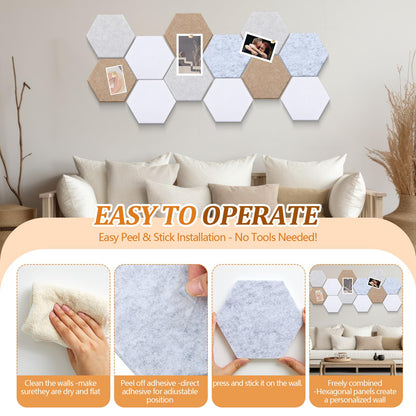 Mindsoft 16 Pcs Hexagon Cork Board for Walls with 50 Wooden Push Pins 6.7 x 5.9 in Felt DIY Tiles Notice with Nano Tape Hanging Bulletin Board for Home Photo Office Memo Note(Light Camel)