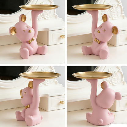 Weyiqet Bear Figurine Tray, Resin Key & Candy Dish Bowl for Entryway Table, Office Desk - Cute Key Holder, Funny Small Candy Dish, Home Decorations Indoor, Bear Home Decor Gift (pink)