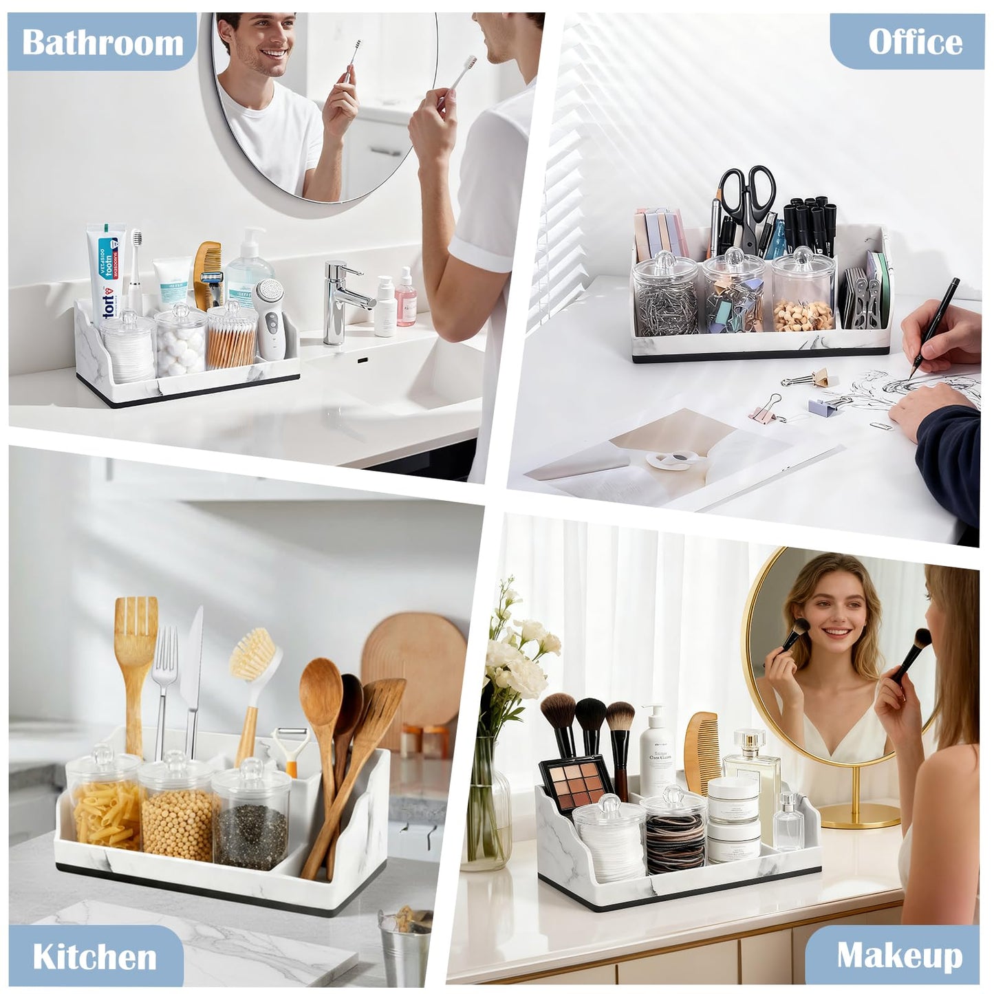 TuCao Bathroom Counter Organizer with 3PCS Qtip Holder, Marble Toothbrush Holders for Bathrooms, Bathroom Organizers and Storage with Drain Holes, Electric Toothbrush Holder, Vanity Organizer