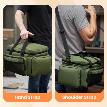 VJI Heavy Duty Tool Bag with Multi-Pockets, Portable Storage Bag with Large Zipper, Carrying Toolbag with Adjustable Shoulder Strap and Ergonomic Handle, Repairman, Carpenters, Handyman, Green