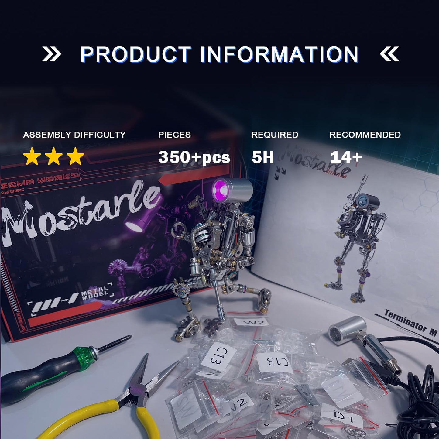 Mostarle Terminator M 3D Metal Puzzle, Arcynix DIY Mechanical Robot Model Kit, Sci-Fi Design LED Light Feature Unique Gift for Adults & Teenager (Blue)