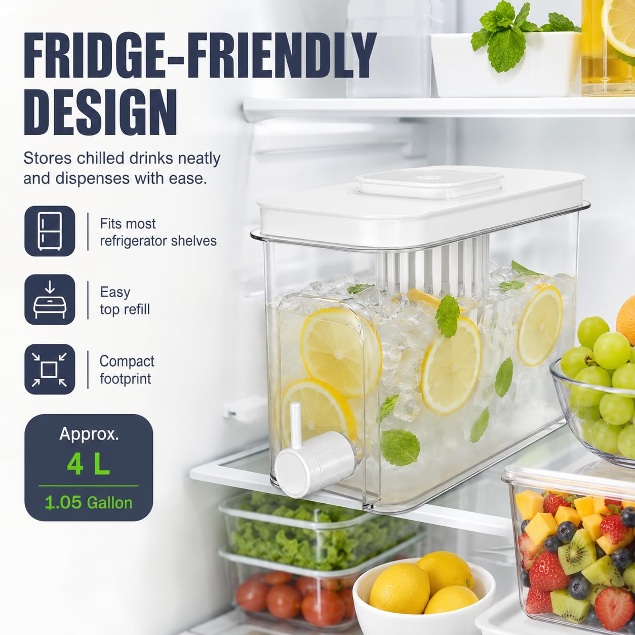 1.1 Gallon Beverage Dispenser with Spigot - BPA-Free Water Jug for Refrigerator, Includes 3 Ice Ball Molds & Bar Spoon - Leak-Proof Drink Container for Party, Iced Tea - White 5-Piece Set