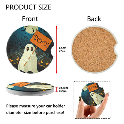 Halloween Cute Ghost Car Coasters for Cup Holder Drinks 2 Pcs Absorbent Ceramic Coasters with Cork Base for Universal Car Cupholders