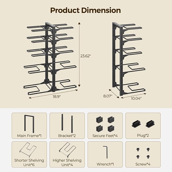 LAMU 10-Tier Pots and Pans Organizer under Cabinet, 23.62" Height Heavy Duty Pots Pans Organizer Rack for inside Cabinet Adjustable for Big Stockpots, Dutch Oven, Cast-iron Pans, Heavy Cookware