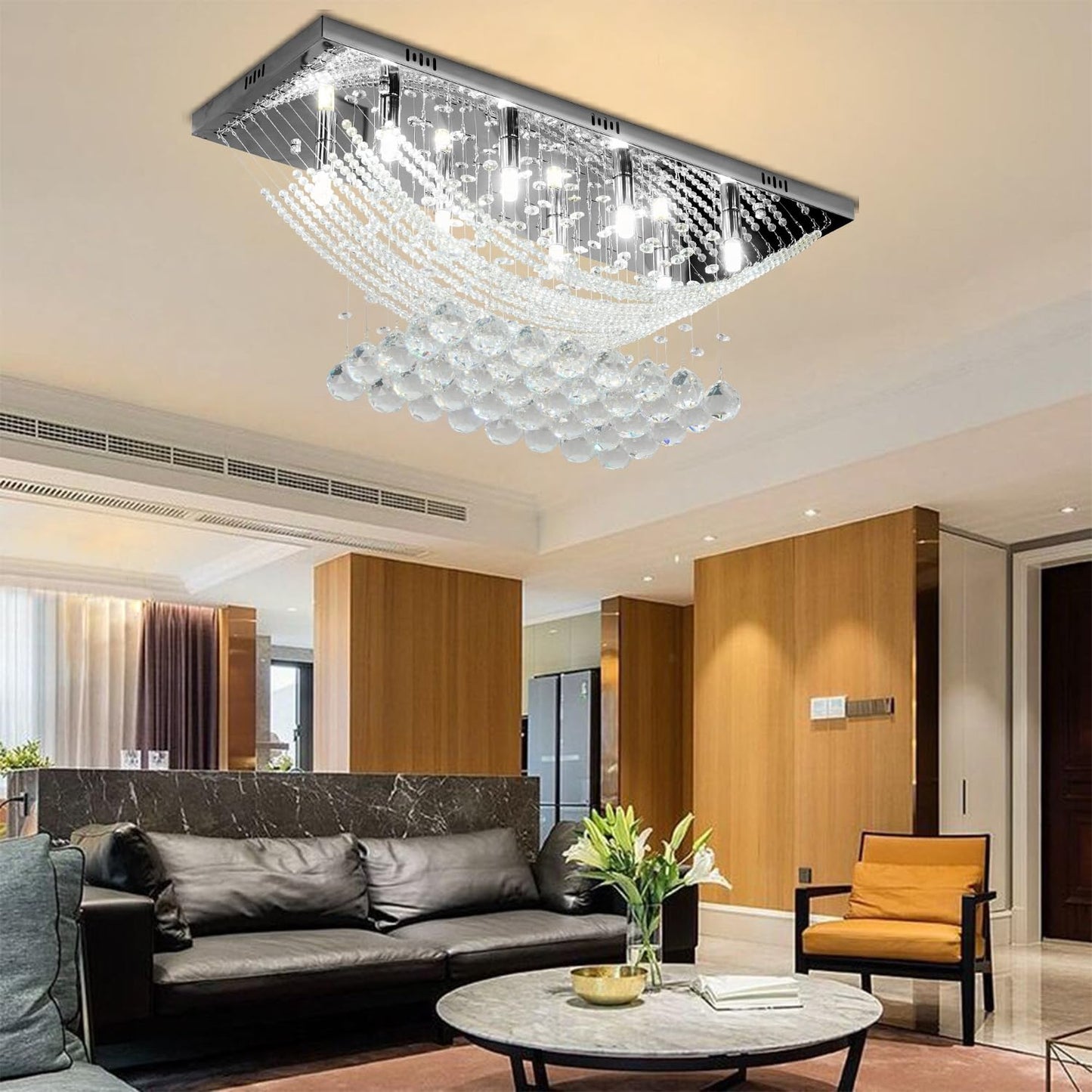 Silver Rectangle Crystal Raindrop Chandelier for Living Room, 8 Lights Modern Flush Mount Crystal Ceiling Light Fixture Pendant Lamp for Kitchen Island, Dining Room, Closet, Wedding Decor of CRYSTOP