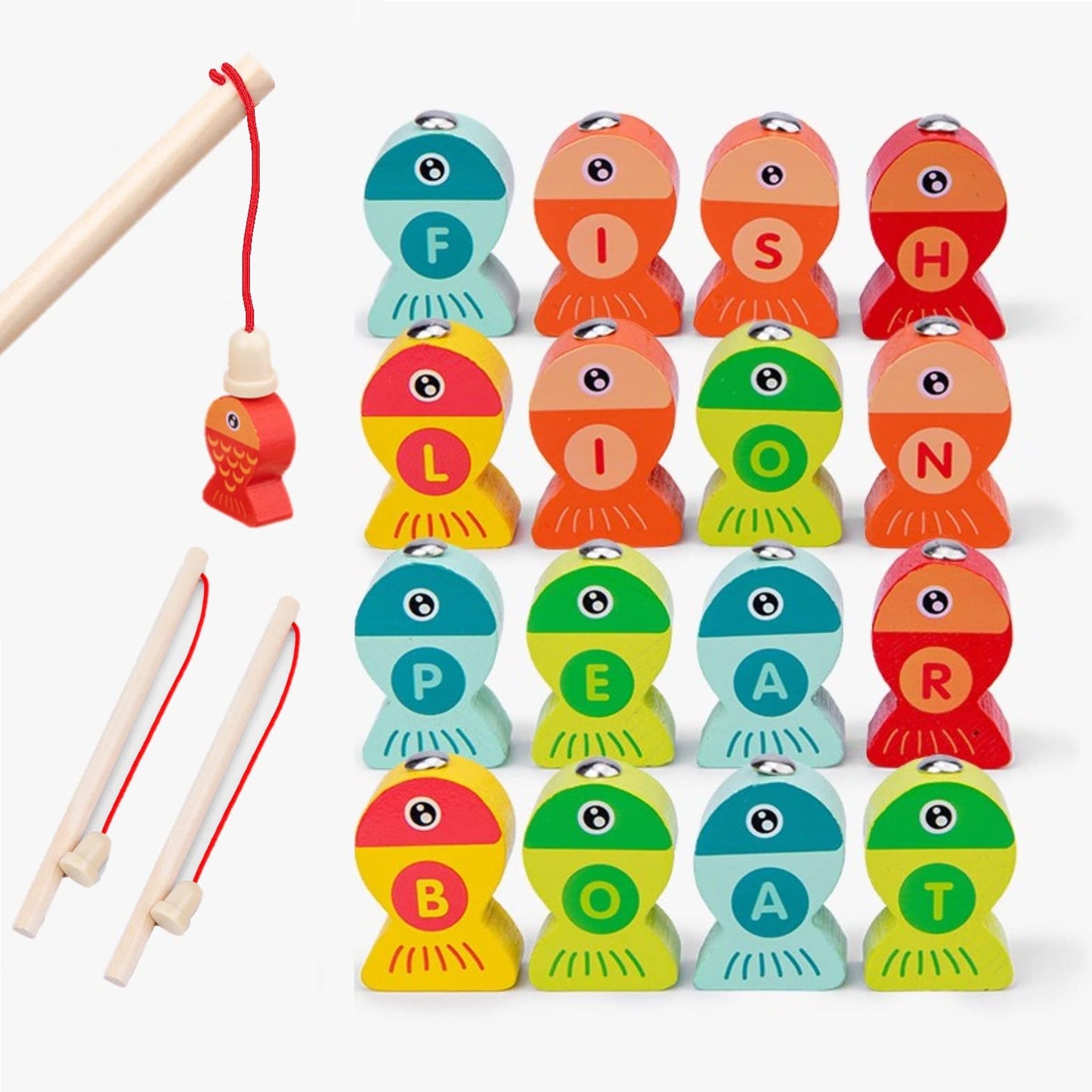 Haktoys Wooden Fishing Alphabet Game Magnetic Learning Toy with Ocean Sticker Book, ABC Toy with 26 Lettered Fish & 2 Poles, Educational Travel Game for Toddlers Preschool Kids