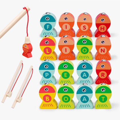 Haktoys Wooden Fishing Alphabet Game Magnetic Learning Toy with Ocean Sticker Book, ABC Toy with 26 Lettered Fish & 2 Poles, Educational Travel Game for Toddlers Preschool Kids