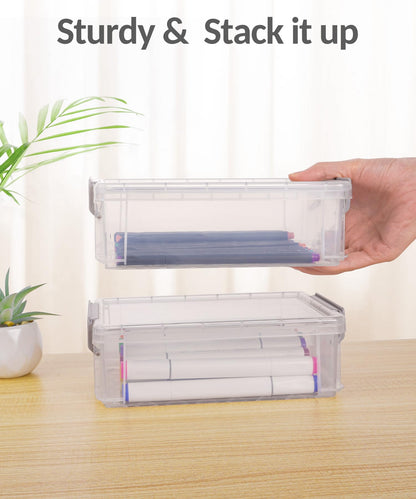 Sooez 6 Pack Extra Large Pencil Box, Plastic Pencil Case Crayon Box Bulk, Clear Marker Organizer Plastic Containers with Lid, Stackable Storage Boxes for Art Craft Pen, Back to School Supplies, Purple