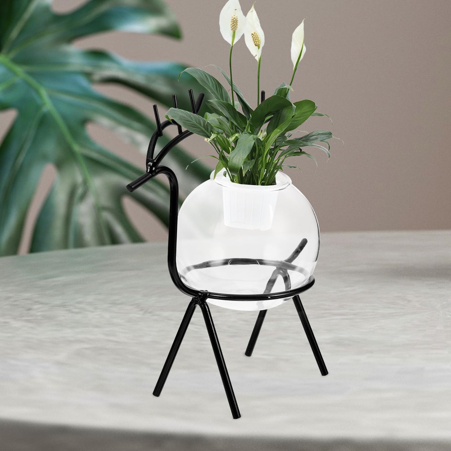 Homoyoyo Hydroponic Flower Vase with Metal Stand, Compact Dark Deer Desktop Glass Planter, Modern Terrarium Vase for Home Office Green Plant Decoration