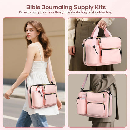 Bible Cover Case for Women, Large Bible Bag with Removable Pencil Case, Shoulder Strap and Highlighters for Bible Study Supplies, Church Bag Carrying Journaling Kit, Christian Gift for Women