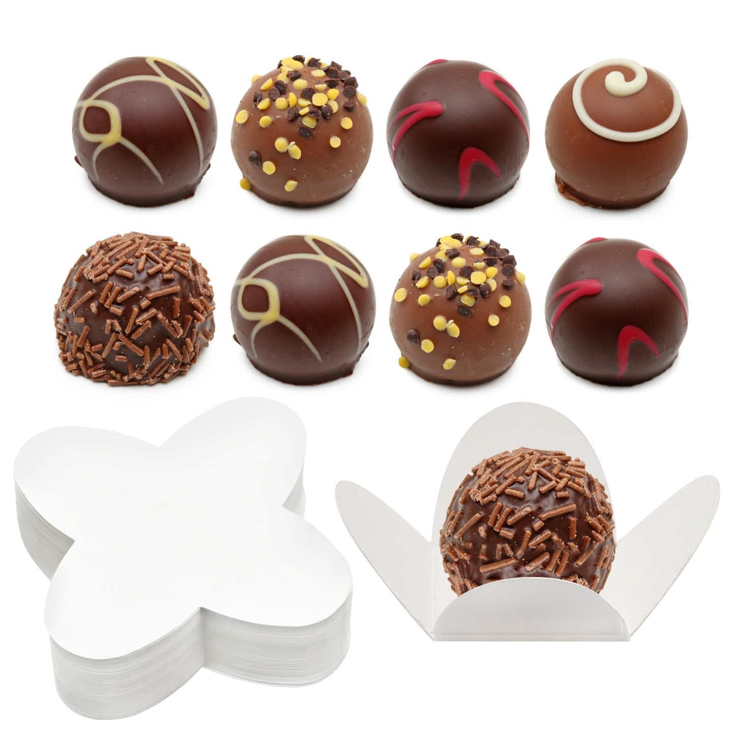 GMAPATS 200Pcs Chocolate Paper Truffle Wrappers, Baking Liners Resistant Chocolate Candy Cups for Valentine‘s Day Gifts, Wedding, Birthday, Baby Shower (White)