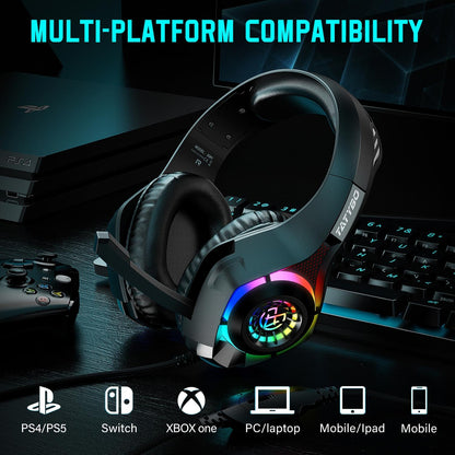 Tatybo Gaming Headset for PS4 PS5 Xbox One PC, Over-Ear Gaming Headphones with Surround Sound, Noise Canceling Mic, RGB Light