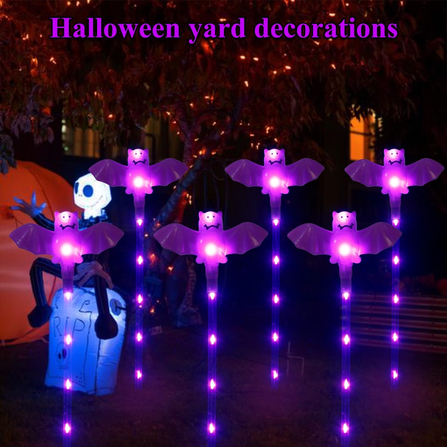 Xingpold Halloween Decorations Outdoor Solar Bat Garden Lights,6 Pack 56LED Solar Halloween Bats Lights, Waterproof Solar Pathway Lights for Outside Patio Yard Lawn Grave Party Gifts Decor Purple