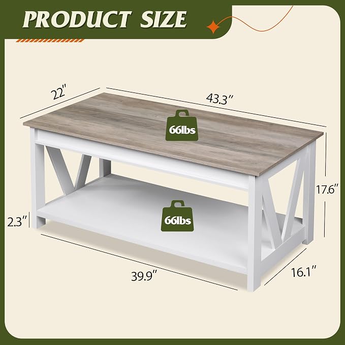 WLIVE Farmhouse Coffee Table, 43" Coffee Table for Living Room, Modern Center Table with Storage Shelf, V Shaped Support, Grey&White