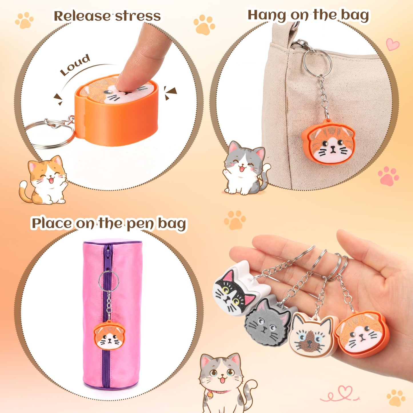Gerrii 24 Set Cat Clicker Fidget Keychain 3D Printed Sensory Clicker Fidget Toys with Inspirational Cards Stress Relief Positive Gifts for Coworkers Teacher Graduation Party Favors (Colourful, Cat)