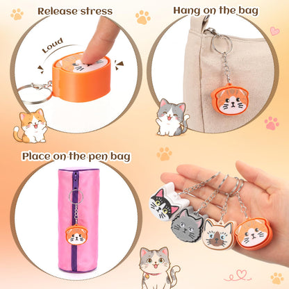 Gerrii 24 Set Cat Clicker Fidget Keychain 3D Printed Sensory Clicker Fidget Toys with Inspirational Cards Stress Relief Positive Gifts for Coworkers Teacher Graduation Party Favors (Colourful, Cat)
