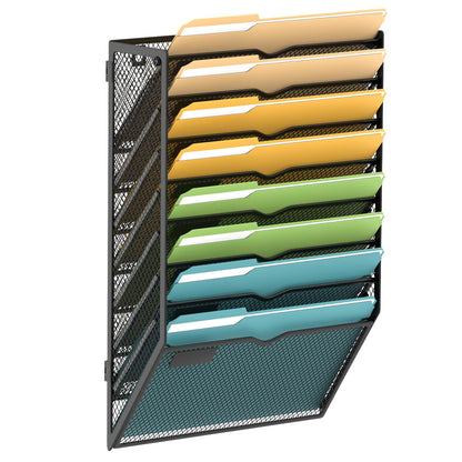 SUPEASY 8 Tier Wall File Organizer, Hanging Wall Mounted Mail Organizer with Label Slots, Metal Mesh File Holder Magazine Rack for Office, Home, School or Classroom, Black