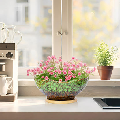 ARTKETTY Bonsai Pots, 9.06 Inch Succulent Pots with Drainage and Saucer, Ceramic Pots for Indoor Cactus Plants Unique Flower Plant Pots Round Bonsai Tree Planters Windowsill Desk Decor
