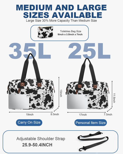Pritent Travel Duffle Bag, Waterproof Weekender Overnight Hospital Bags for Women Men with Toiletry Bag Lightweight Personal Item Duffle Gym Bag for Travel, Airplanes, Sports(Cow Print, Large)