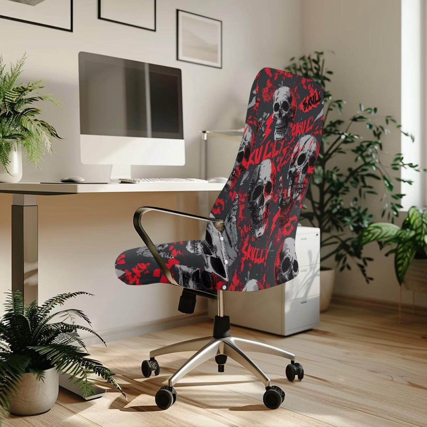 Voxugoniy Halloween Skull Office Chair Cover, Stretchable Computer Desk Chair Covers Computer Universal Protective Stretchable Chairs Seat Cover Desk Armrest Slipcovers
