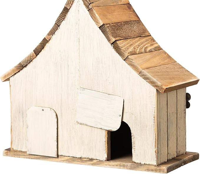 Glitzhome Hanging Birdhouses for Outside,10.75" L Distressed Solid Wood Birdhouse with 3D Flowers Rustic Two-Story Townhouse Hand-Painted Bird Houses for Outdoors,Washed White