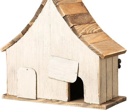 Glitzhome Hanging Birdhouses for Outside,10.75" L Distressed Solid Wood Birdhouse with 3D Flowers Rustic Two-Story Townhouse Hand-Painted Bird Houses for Outdoors,Washed White