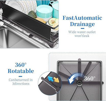 Simple Trending Dish Drying Rack, Space-Saving Large Dish Rack for Kitchen Counter, Anti-Rust Dish Drainer with Cutlery & Cup Holders, Black