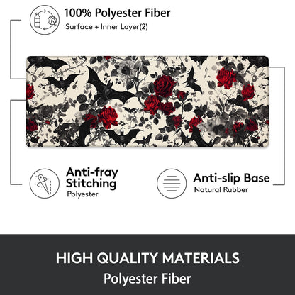 Gothic Bats and Roses Gaming Mouse Pad, Mouse Pad, Desk Mat, Non-Slip Rubber Base MousePads for Computers Laptop Office School Home Accessories Decor Gifts 31.5" x 11.8"