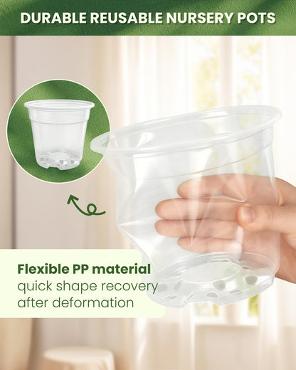 WandaQueen 24 Packs Clear Nursery Pots for Plants with Saucers, 7/6/5/4 Inch Plastic Flower Pots with Drainage Hole, Variety Pack Seedlings Plant Pot with 24 Plant Labels