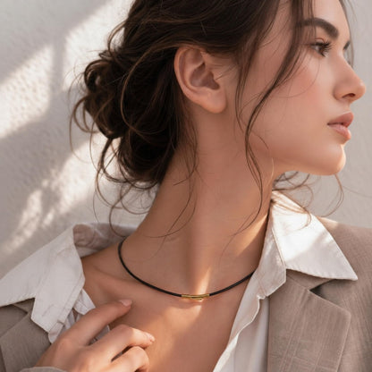 Leporem 2-WAY Genuine Black Leather Choker Necklace and Wrap Bracelet 18K Gold Plated Push-Lock Clasp Minimalist Multi-Wear Jewelry (Black, 14 Inch)